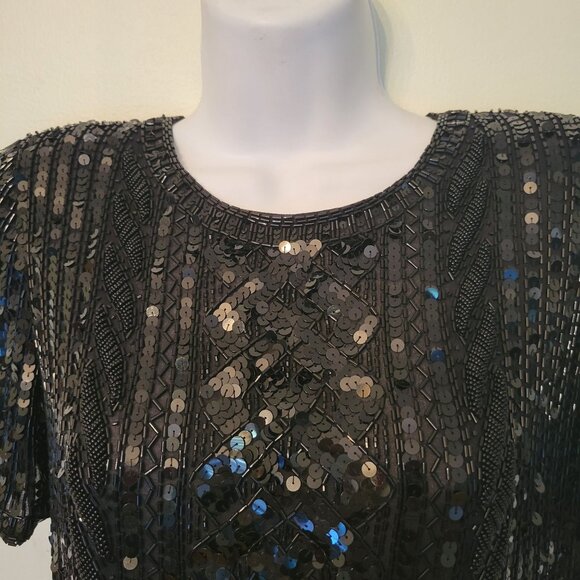 Vintage Emanuel Ungaro Black Sequin Silk Top S Formal Evening Prom Romantic - Picture 3 of 6